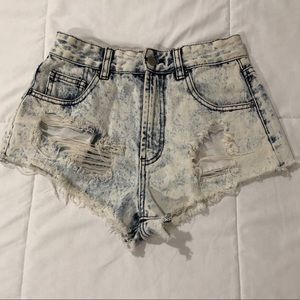 Acid Wash Distressed High Waisted Denim Shorts